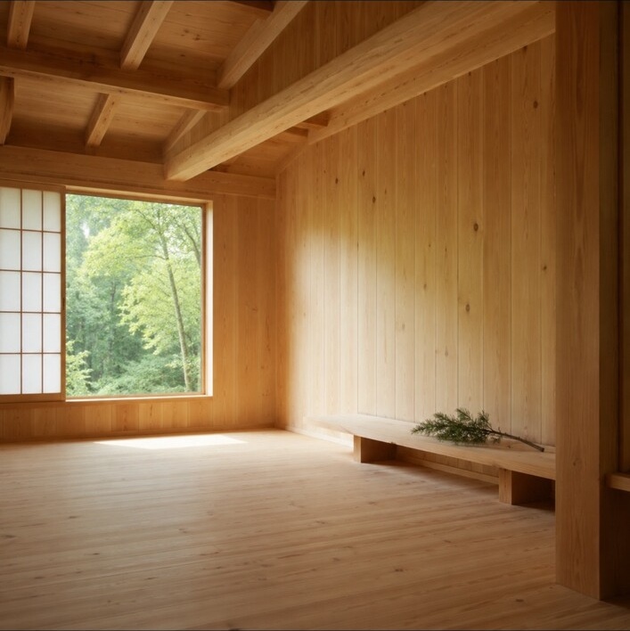 淡い木の色と朝の光に包まれた新しい檜の一室