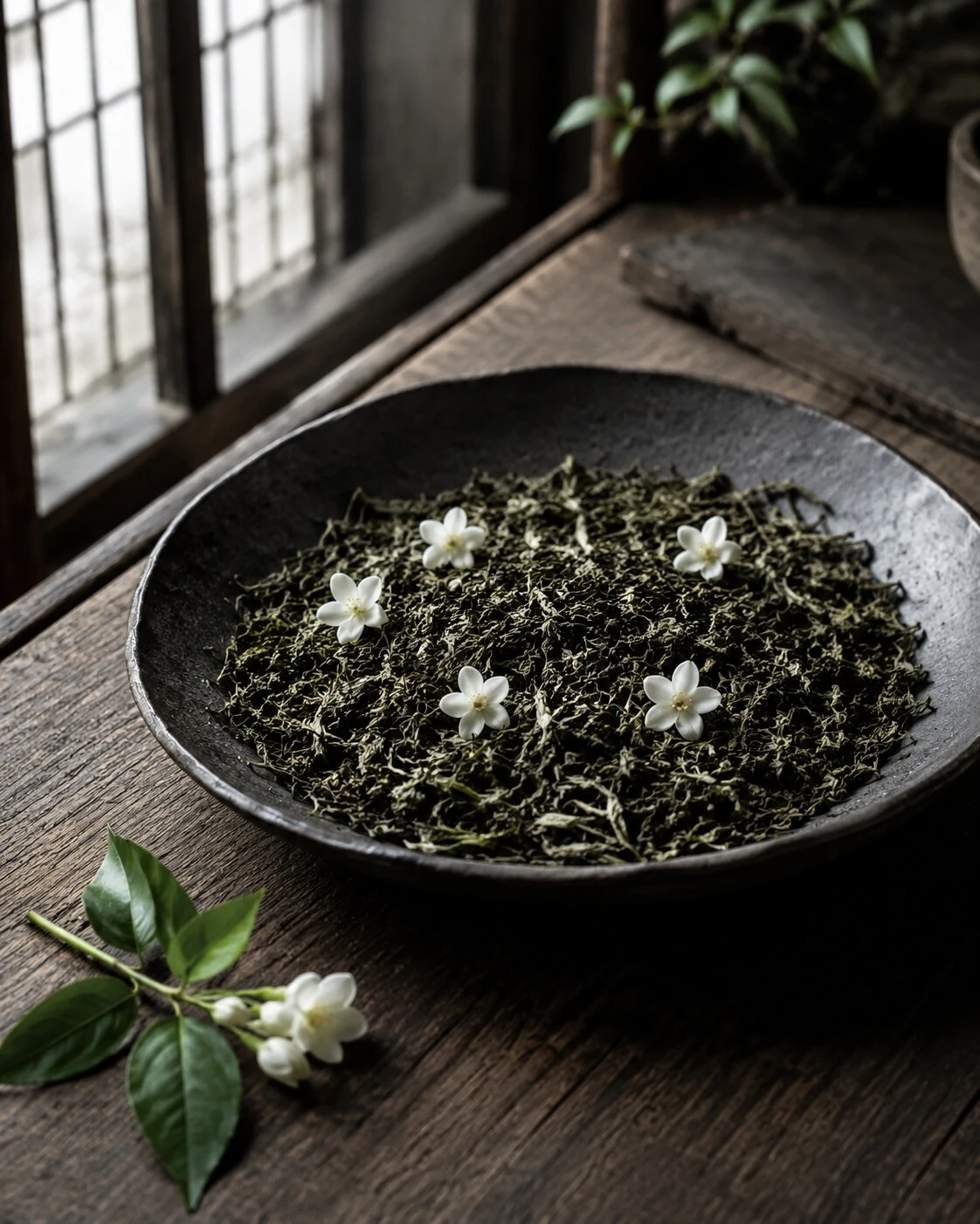 乾いた茶葉に数輪の白いジャスミンを重ね、花の香りを移す情景