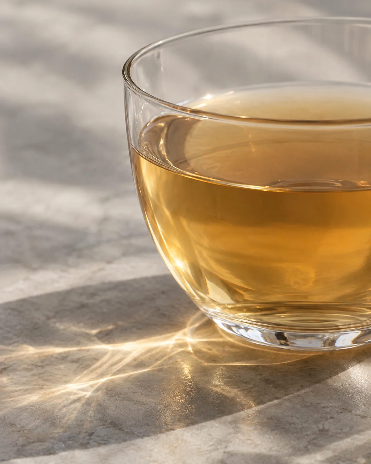 透明なグラスに光が差す、琥珀色のお茶