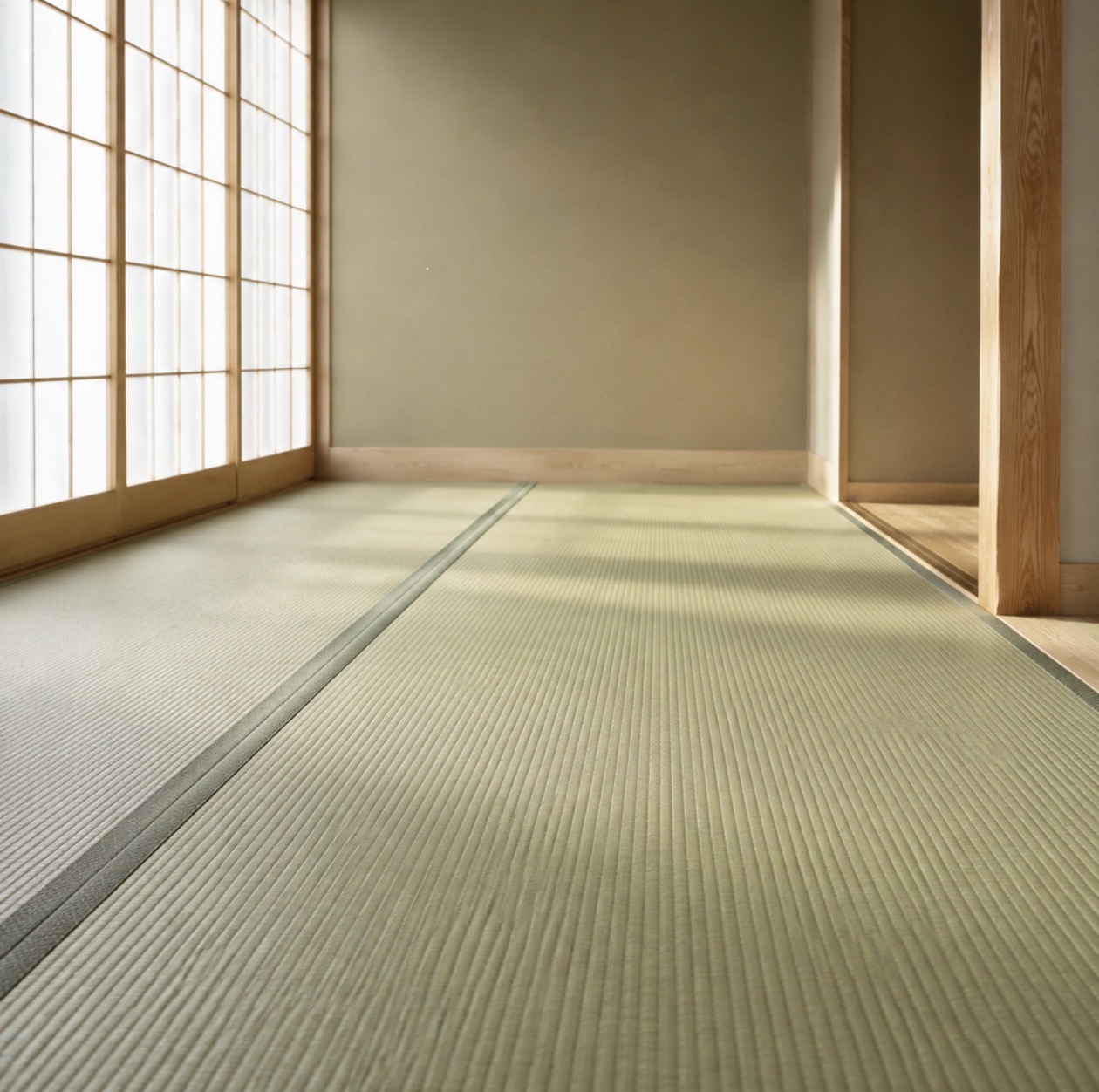 障子から柔らかな光が差す空の畳の間