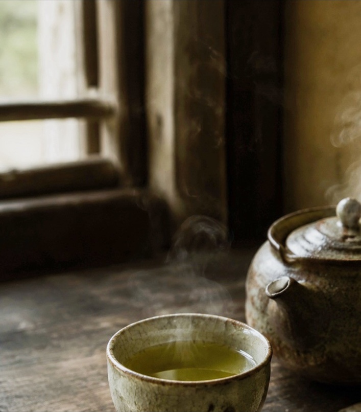 古い木の窓辺で、茶碗から静かに立ち上る煎茶の湯気