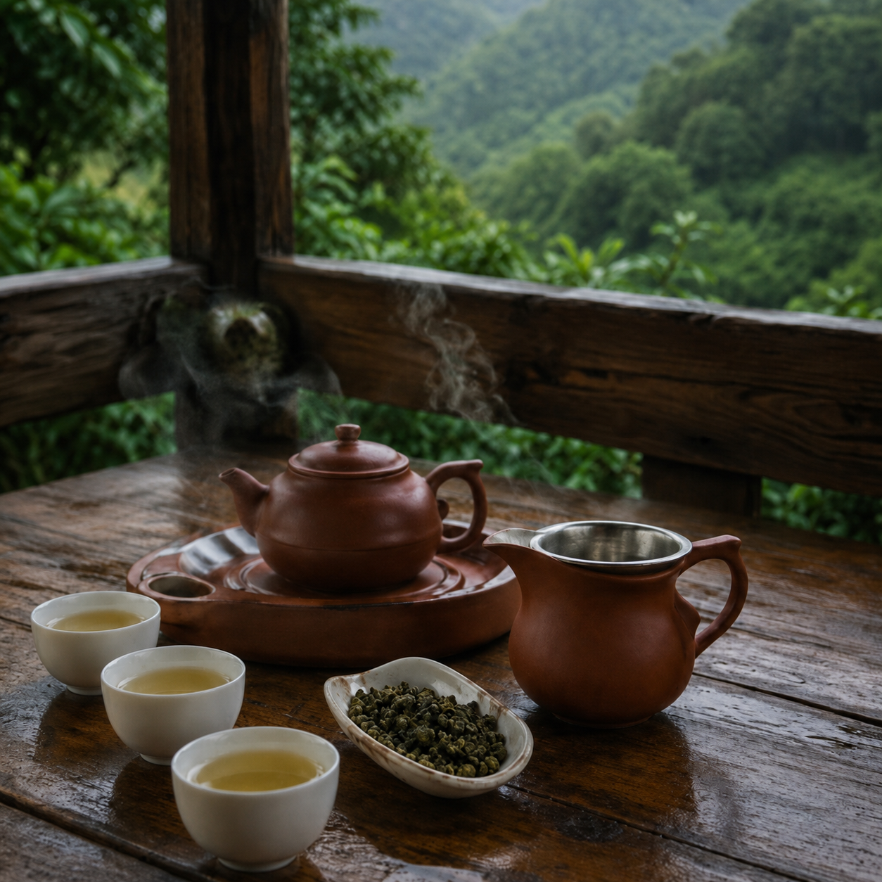 朝霧の残る台湾の高山を望む木の茶席と、静かに湯気を上げる茶器