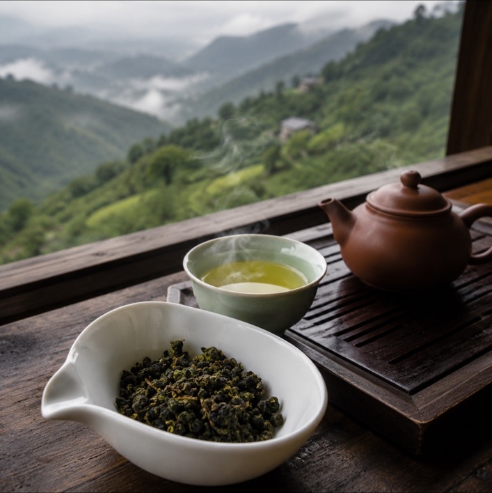 霧に包まれた高山の茶畑を望む窓辺、丸い茶葉と温かな茶