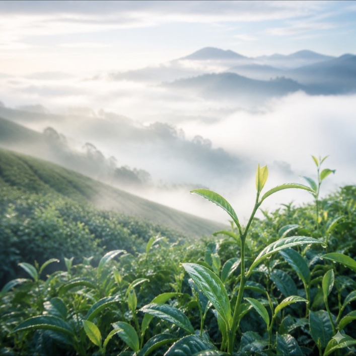 朝霧の海に浮かぶ山並みと、露をまとった高山の茶葉